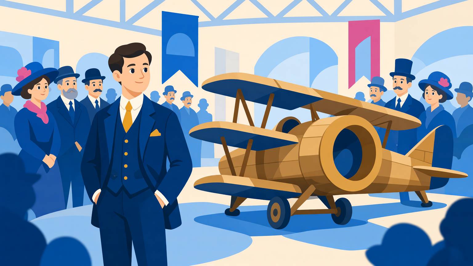 Henri Coandă, tânăr inginer, lângă avionul său fără elice, cu tubul gros în față, la expoziția de aviație de la Paris din 1910
