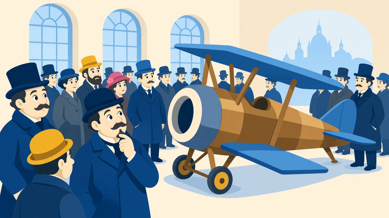 Mulțimea înghesuită în jurul avionului fără elice al lui Coandă, în hala expoziției de aviație de la Paris, 1910
