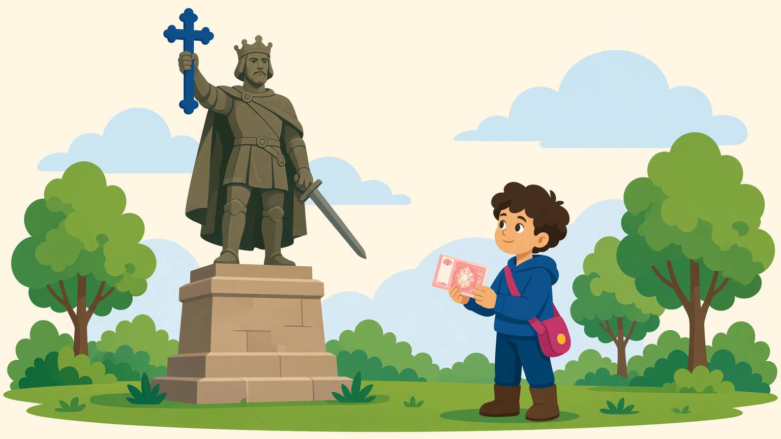 Statuia de bronz a lui Ștefan cel Mare din Chișinău, cu crucea și sabia, și un copil ținând o bancnotă de un leu