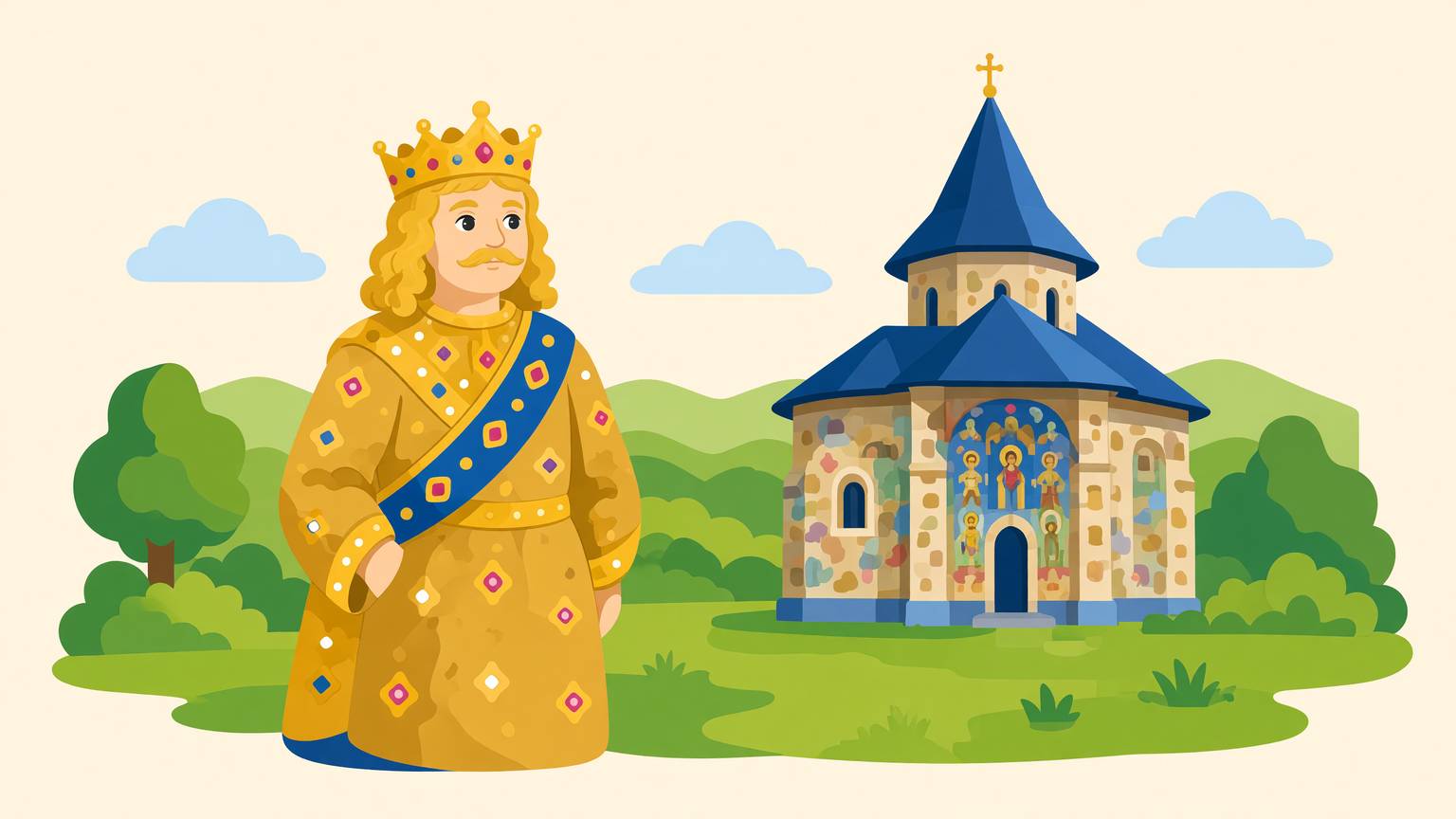 Ștefan cel Mare, domn scund cu păr lung blond și mustață subțire, cu coroană și veșmânt auriu, în fața bisericii de la Voroneț