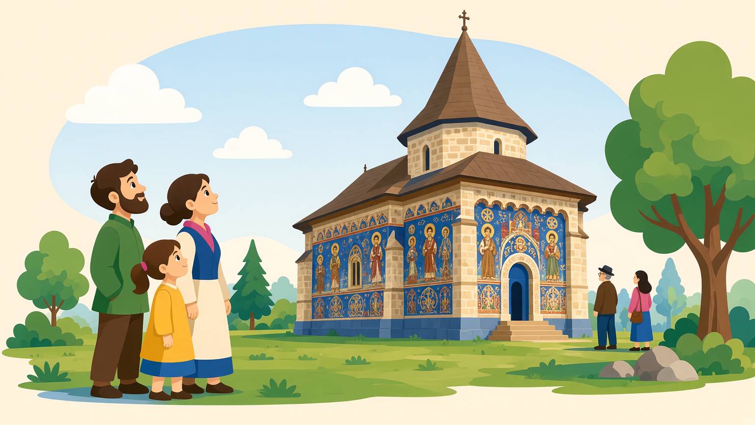 Biserica de la Voroneț azi, cu pereții exteriori pictați în albastru de Voroneț, și vizitatori în fața ei