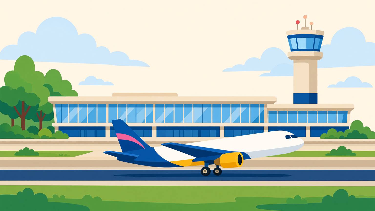 Un avion aterizează pe Aeroportul Henri Coandă din București, cu terminalul în fundal
