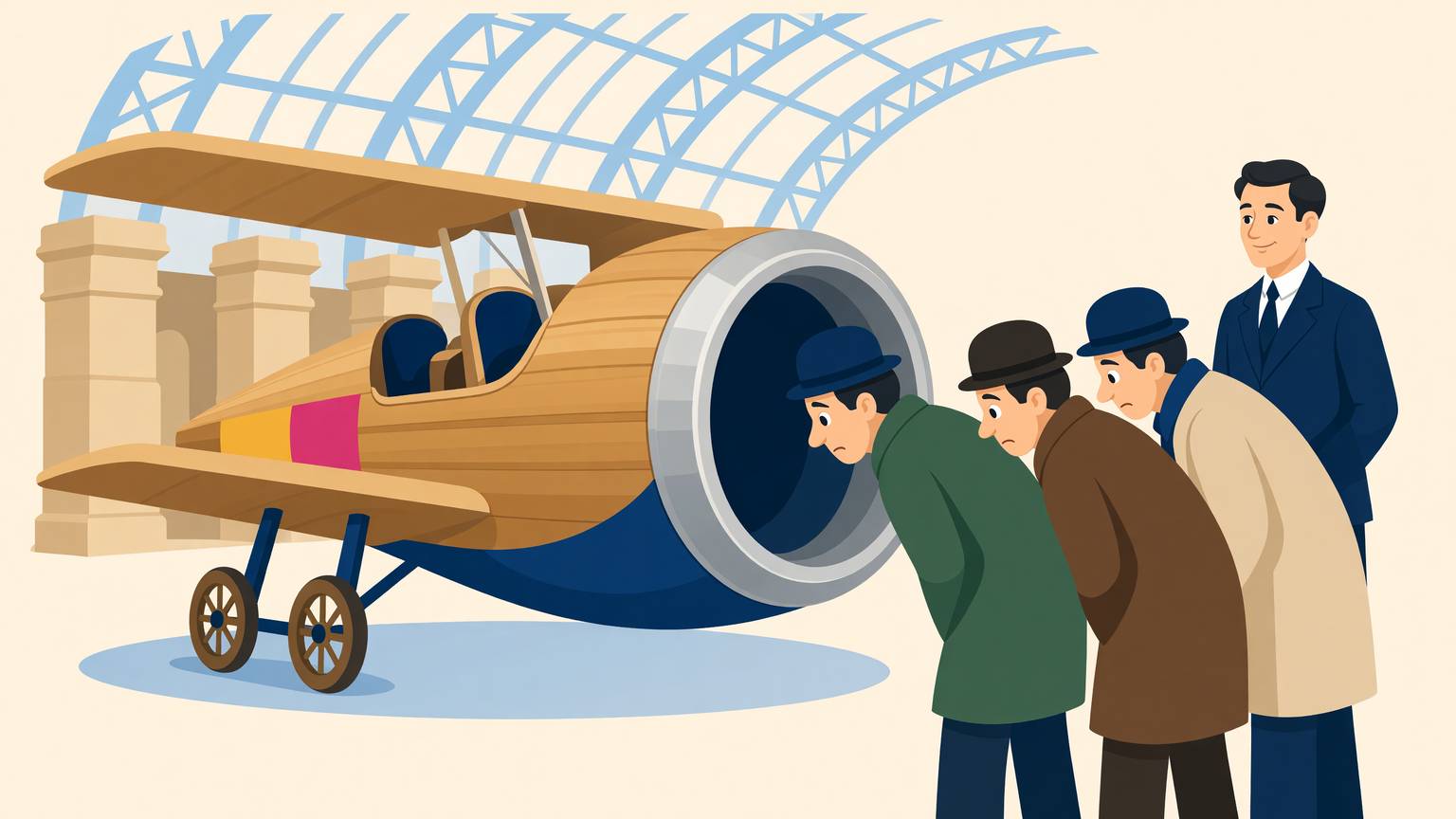 Vizitatori cu pălării se apleacă și se uită în butoiul deschis din botul avionului lui Coandă