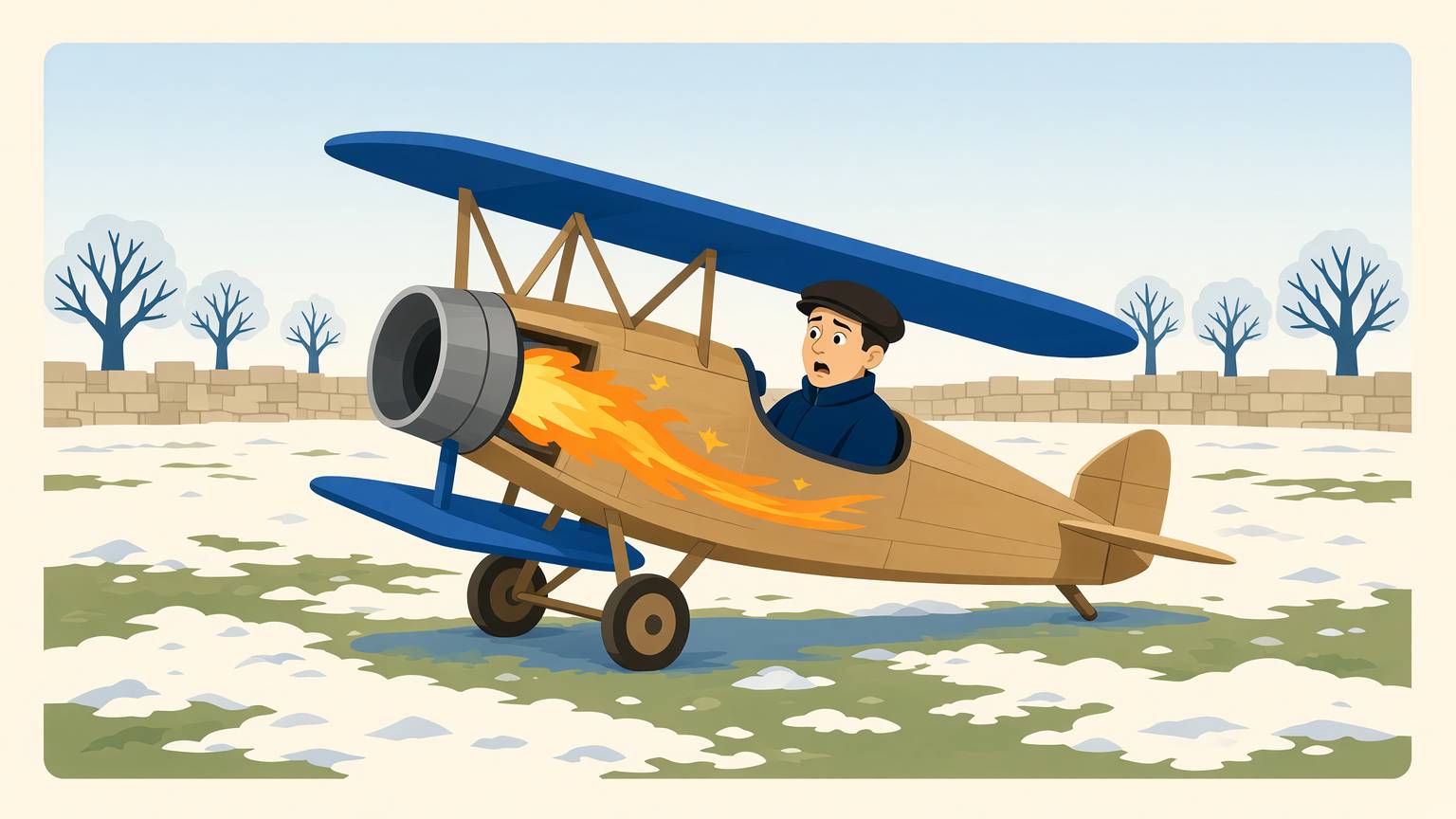 Avionul rulează pe câmp, iar flăcările din tub se îndoaie și se lipesc de fuzelajul de lemn
