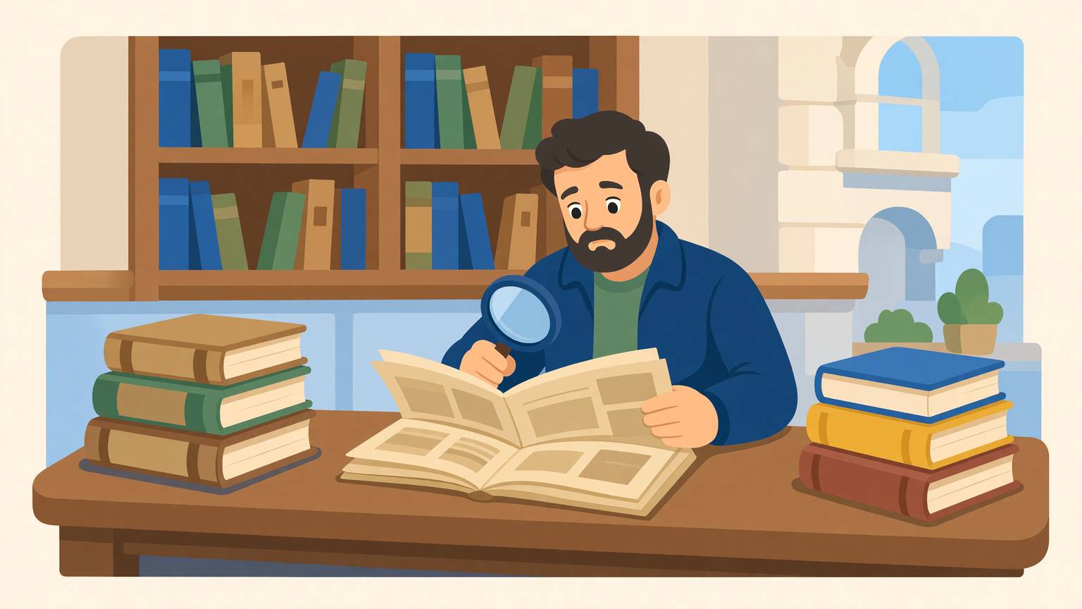 Un istoric răsfoiește ziare vechi din 1910 cu o lupă, într-o bibliotecă, și nu găsește nimic despre zbor