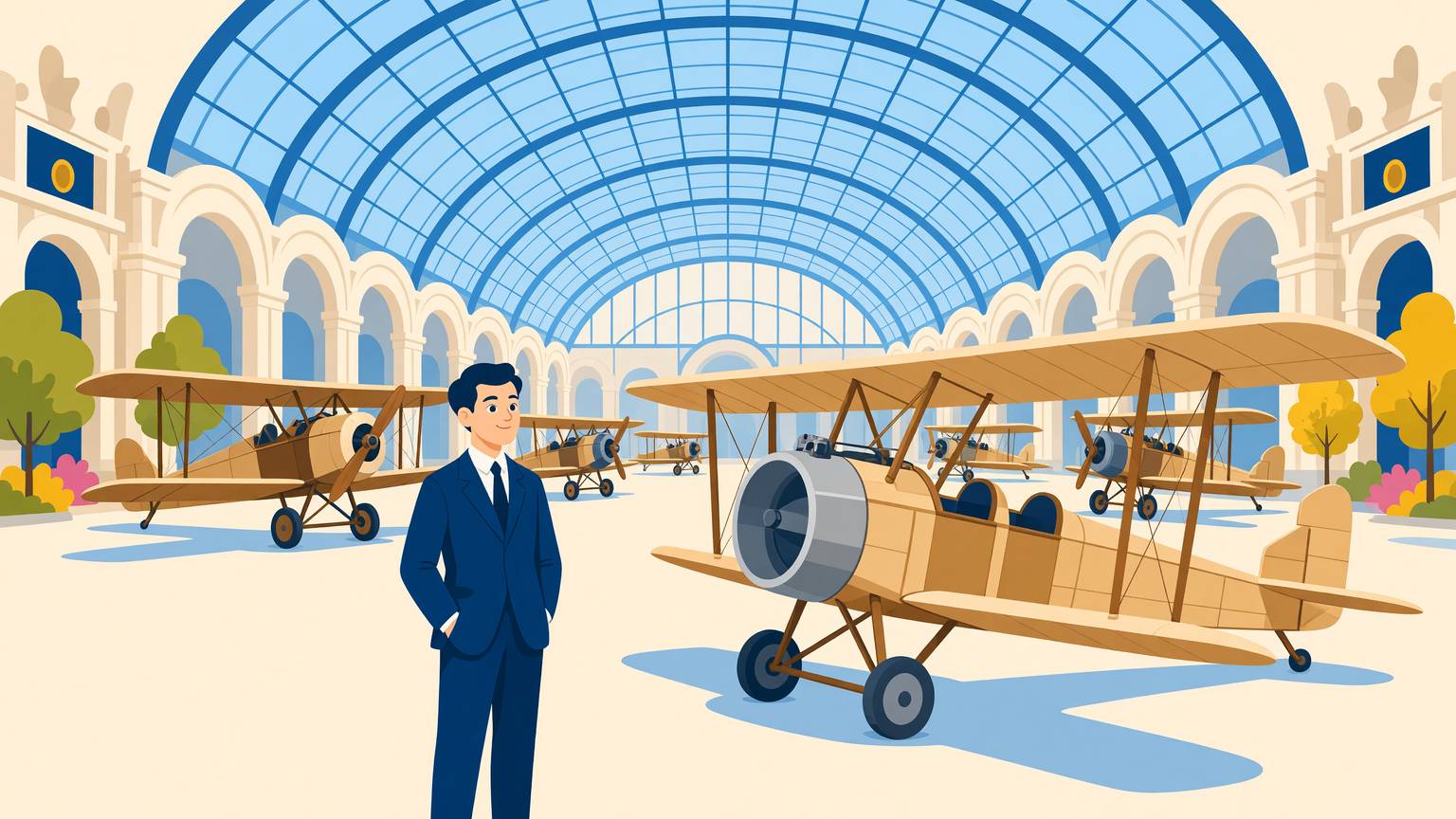 Sala uriașă cu acoperiș de sticlă a Grand Palais, plină de avioane cu elice; printre ele, avionul lui Coandă, cu butoi în loc de elice