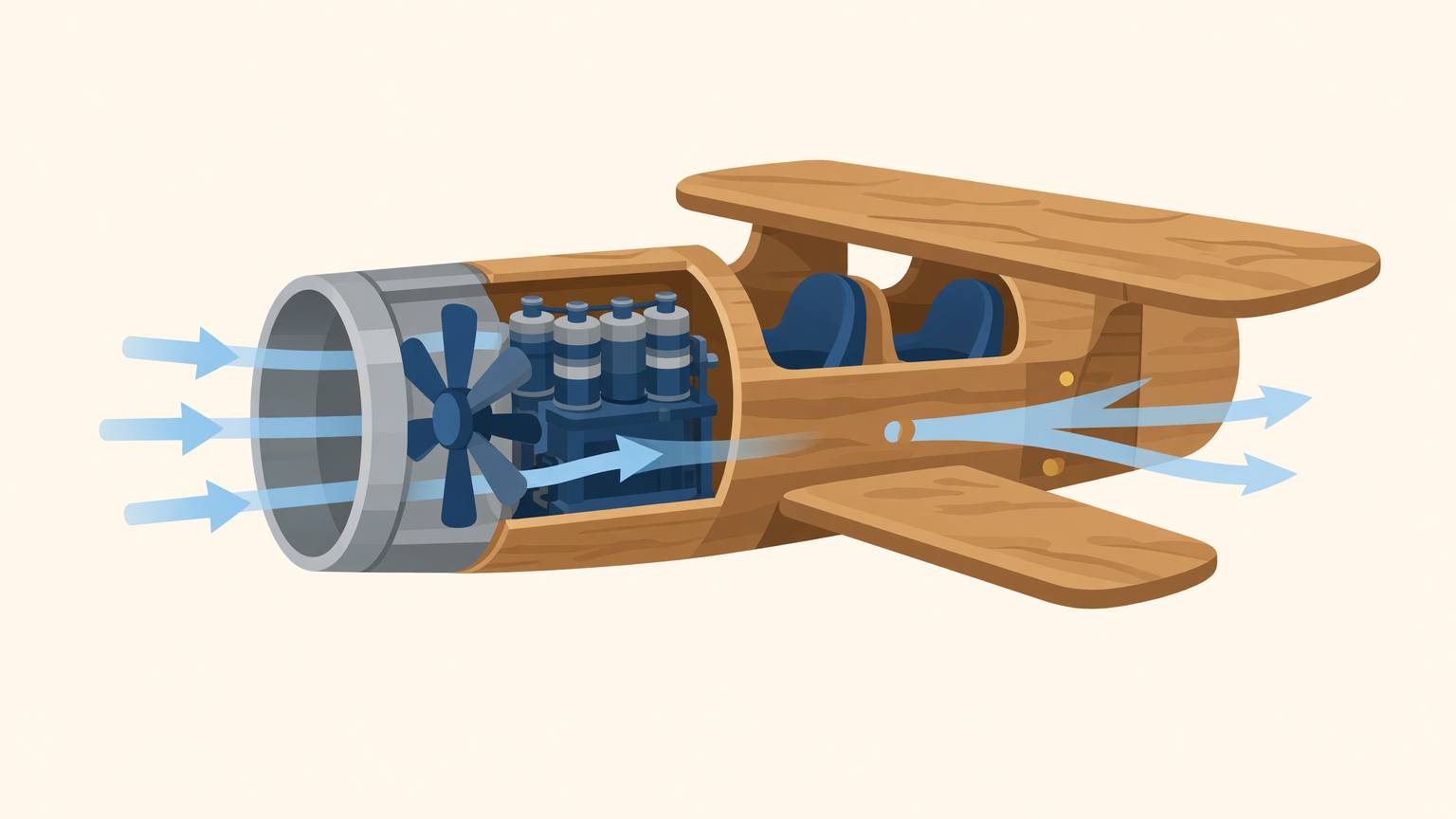 Botul avionului tăiat ca să se vadă înăuntru: un motor mic învârte un ventilator ascuns într-un tub, aerul intră în față și iese în spate