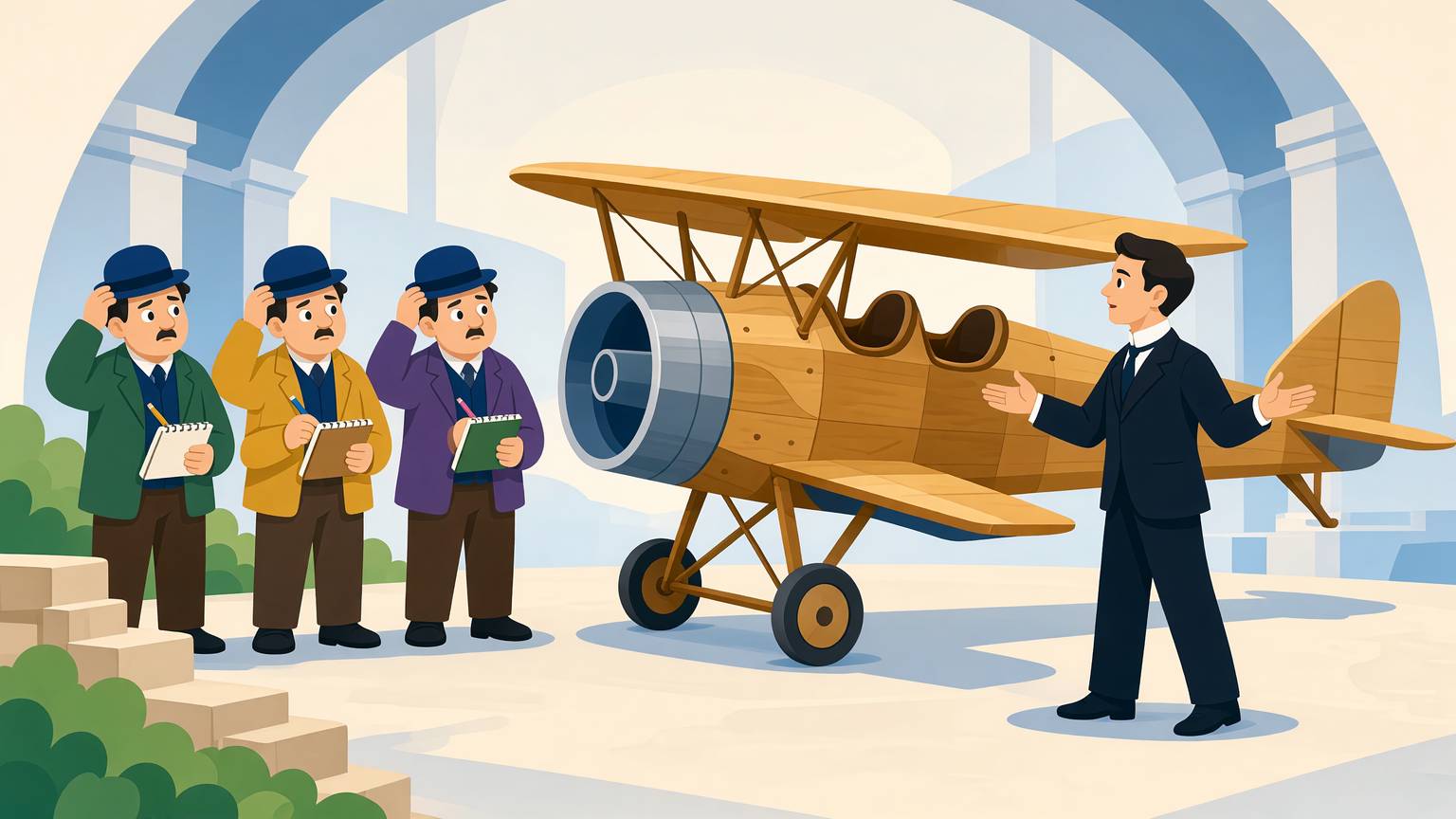 Ziariști cu carnețele și pălării melon se scarpină în cap lângă avionul fără elice, iar Coandă le explică