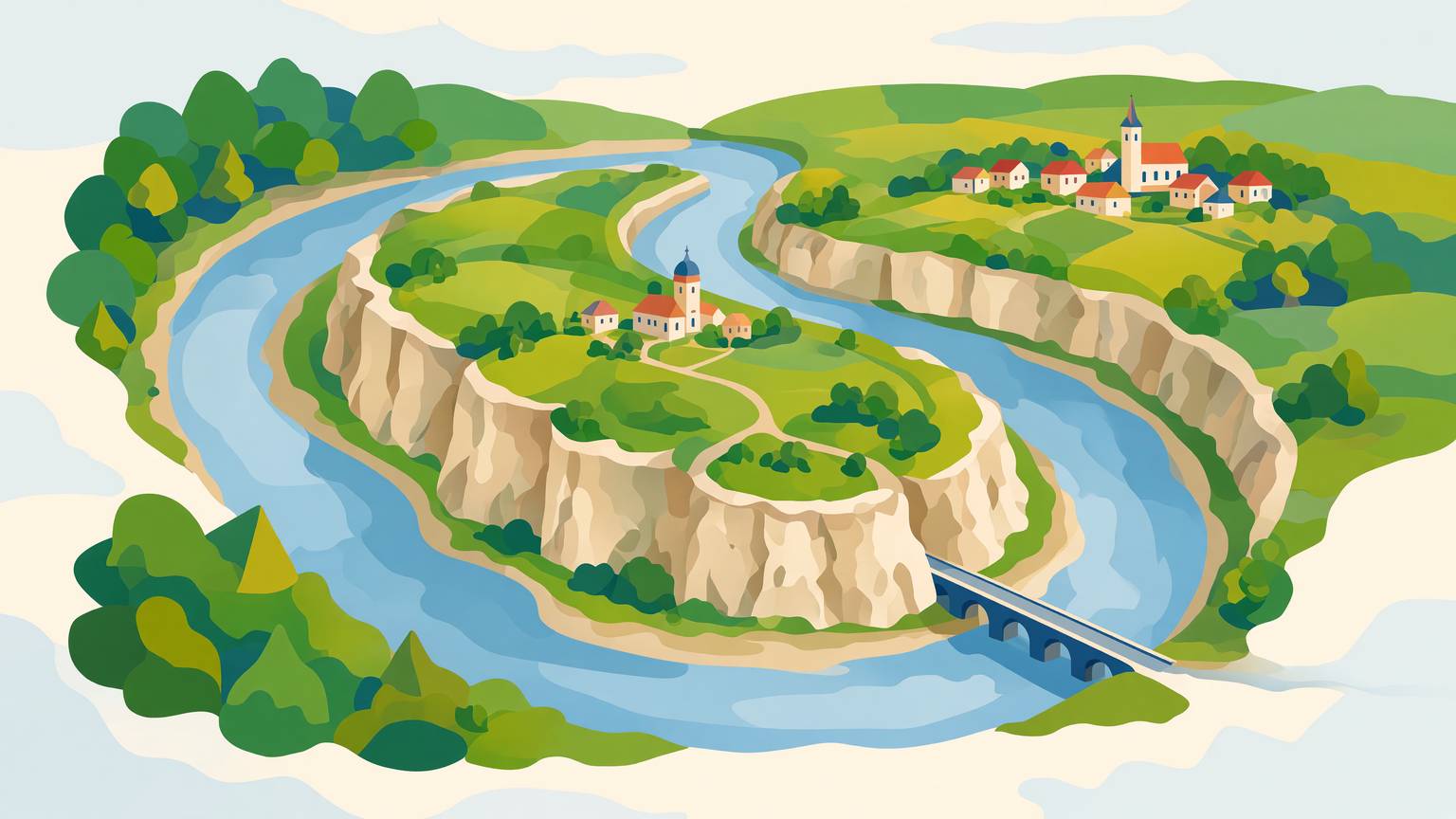 Bucla strânsă a Răutului văzută de sus, cu limba de pământ și stâncile de o sută de metri în mijloc